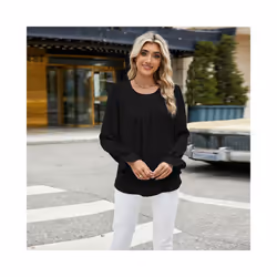 New Solid Color Round Neck Long Sleeved Loose Chiffon Top for Women - S, black