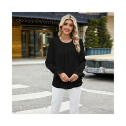 New Solid Color Round Neck Long Sleeved Loose Chiffon Top for Women - M, black