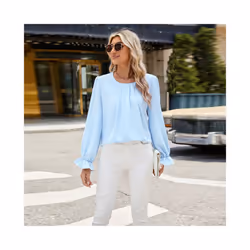 New Solid Color Round Neck Long Sleeved Loose Chiffon Top for Women - M, blue