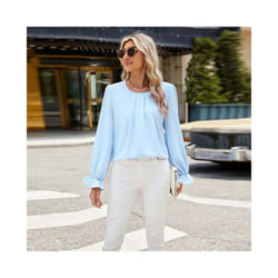 New Solid Color Round Neck Long Sleeved Loose Chiffon Top for Women - M, blue