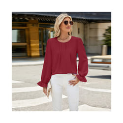 New Solid Color Round Neck Long Sleeved Loose Chiffon Top for Women - M, wine red