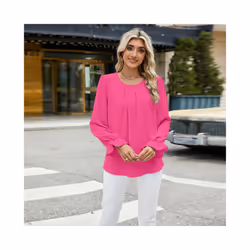 New Solid Color Round Neck Long Sleeved Loose Chiffon Top for Women - M, wine red