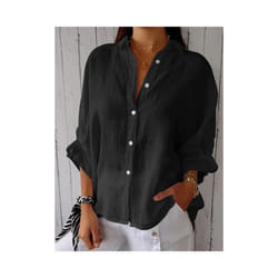 Blusas Para Mujer Cotton Linen Women Shirt Black Turn-Down Collar Lace Up Loose Blouses Female Casual Trendy Ladies Clothes - 3, XL