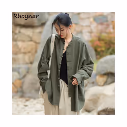Vintage Shirt Women New Chinese Style Frog Solid Simple Leisure Loose Comfortable Single Breasted O-neck Minimalist Autumn Wear - Green, 4XL
