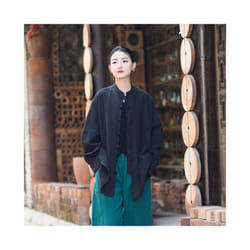 Vintage Shirt Women New Chinese Style Frog Solid Simple Leisure Loose Comfortable Single Breasted O-neck Minimalist Autumn Wear - Black, XXL