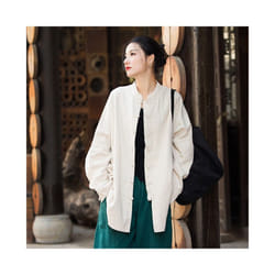 Vintage Shirt Women New Chinese Style Frog Solid Simple Leisure Loose Comfortable Single Breasted O-neck Minimalist Autumn Wear - White, XXL