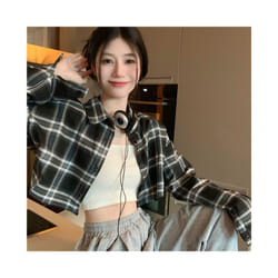 Vintage Plaid Shirts for Women Korean High Waist Loose Cropped Blouse Ladies Fashion Streetwear Sun Protection Crop Tops - black, M