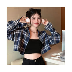 Vintage Plaid Shirts for Women Korean High Waist Loose Cropped Blouse Ladies Fashion Streetwear Sun Protection Crop Tops - Blue, XL