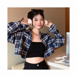 Vintage Plaid Shirts for Women Korean High Waist Loose Cropped Blouse Ladies Fashion Streetwear Sun Protection Crop Tops - Bl ...