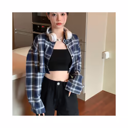 Vintage Plaid Shirts for Women Korean High Waist Loose Cropped Blouse Ladies Fashion Streetwear Sun Protection Crop Tops - Blue, S