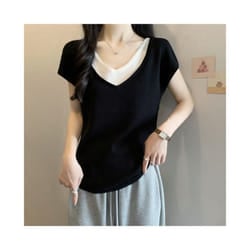 Summer Large Size Women New Fake Two-piece V-neck Short-sleeved T-shirt Loose Cool Slimming Top - black, XL
