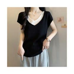 Summer Large Size Women New Fake Two-piece V-neck Short-sleeved T-shirt Loose Cool Slimming Top - black, L