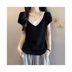 Summer Large Size Women New Fake Two-piece V-neck Short-sleeved T-shirt Loose Cool Slimming Top - Beige, L