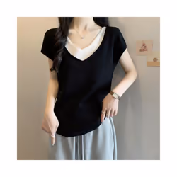 Summer Large Size Women New Fake Two-piece V-neck Short-sleeved T-shirt Loose Cool Slimming Top - Beige, L