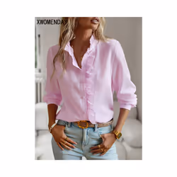 Fashion New Women Elegant Office Shirt,Long Sleeve Top Causal Comfort Simple Shirt,Shirts & Blouses,Tops For Women,Women Clothes - Pink, L