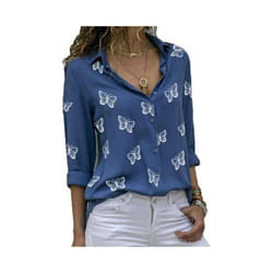 Women Long Sleeve Blouse Oversized Spring Autumn Turn Down Collar Loose Office Lady Casual Butterfly Printing Basic - Blue, 4XL