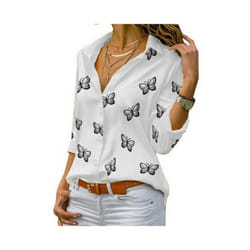 Women Long Sleeve Blouse Oversized Spring Autumn Turn Down Collar Loose Office Lady Casual Butterfly Printing Basic - WHITE, 4XL