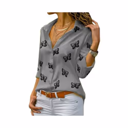 Women Long Sleeve Blouse Oversized Spring Autumn Turn Down Collar Loose Office Lady Casual Butterfly Printing Basic - WHITE, XL
