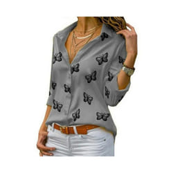 Women Long Sleeve Blouse Oversized Spring Autumn Turn Down Collar Loose Office Lady Casual Butterfly Printing Basic - GRAY, L