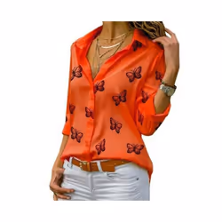 Women Long Sleeve Blouse Oversized Spring Autumn Turn Down Collar Loose Office Lady Casual Butterfly Printing Basic - Red, XX ...