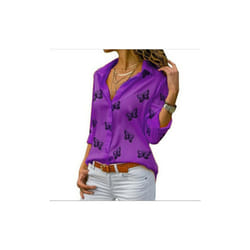 Women Long Sleeve Blouse Oversized Spring Autumn Turn Down Collar Loose Office Lady Casual Butterfly Printing Basic - PURPLE, XL