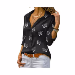 Women Long Sleeve Blouse Oversized Spring Autumn Turn Down Collar Loose Office Lady Casual Butterfly Printing Basic - black, ...