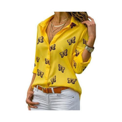 Women Long Sleeve Blouse Oversized Spring Autumn Turn Down Collar Loose Office Lady Casual Butterfly Printing Basic - Yellow, 4XL