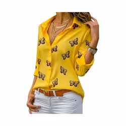 Women Long Sleeve Blouse Oversized Spring Autumn Turn Down Collar Loose Office Lady Casual Butterfly Printing Basic - Yellow, ...