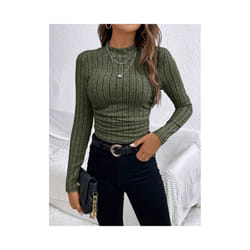 Women's T-Shirts Autumn Fashion Plain Elasticity Long Sleeve Crew Neck Skinny Daily T-Shirts - Green, S