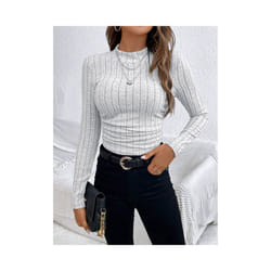 Women's T-Shirts Autumn Fashion Plain Elasticity Long Sleeve Crew Neck Skinny Daily T-Shirts - White, XS
