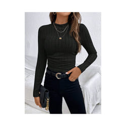 Women's T-Shirts Autumn Fashion Plain Elasticity Long Sleeve Crew Neck Skinny Daily T-Shirts - Black, L