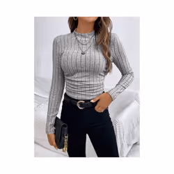 Women's T-Shirts Autumn Fashion Plain Elasticity Long Sleeve Crew Neck Skinny Daily T-Shirts - Grey, S