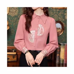 Women Clothing Pink Long Sleeve Patchwork Print Shirt Tops Spring Autumn New Long Sleeve Polo Neck Fashion Blouse Elegant Office - Pink Red, L