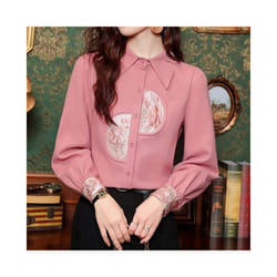 Women Clothing Pink Long Sleeve Patchwork Print Shirt Tops Spring Autumn New Long Sleeve Polo Neck Fashion Blouse Elegant Office - Pink Red, S
