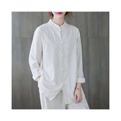 Women Vintage Cotton Linen Casual Shirts Chinese Style Vintage Solid Color Loose Female Long Sleeve Tops WY1013 - white, L