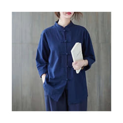 Women Vintage Cotton Linen Casual Shirts Chinese Style Vintage Solid Color Loose Female Long Sleeve Tops WY1013 - navy, XXL