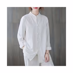 Women Vintage Cotton Linen Casual Shirts Chinese Style Vintage Solid Color Loose Female Long Sleeve Tops WY1013 - navy, XL