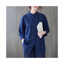 Women Vintage Cotton Linen Casual Shirts Chinese Style Vintage Solid Color Loose Female Long Sleeve Tops WY1013 - navy, XL
