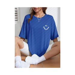 Happy Expression Printed Womens Cotton Short Sleeve Street Hip Hop Tee Clothing All-math Breathable Tops Crewneck Woman T-Shirts - Blue, XL