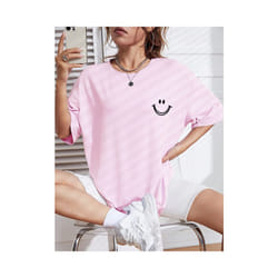Happy Expression Printed Womens Cotton Short Sleeve Street Hip Hop Tee Clothing All-math Breathable Tops Crewneck Woman T-Shirts - Pink, S