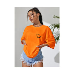 Happy Expression Printed Womens Cotton Short Sleeve Street Hip Hop Tee Clothing All-math Breathable Tops Crewneck Woman T-Shirts - Orange, XL