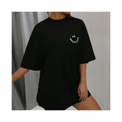 Happy Expression Printed Womens Cotton Short Sleeve Street Hip Hop Tee Clothing All-math Breathable Tops Crewneck Woman T-Shirts - Black, S