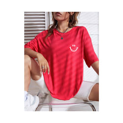 Happy Expression Printed Womens Cotton Short Sleeve Street Hip Hop Tee Clothing All-math Breathable Tops Crewneck Woman T-Shirts - Red, S