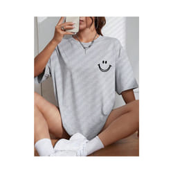 Happy Expression Printed Womens Cotton Short Sleeve Street Hip Hop Tee Clothing All-math Breathable Tops Crewneck Woman T-Shirts - gray, XL