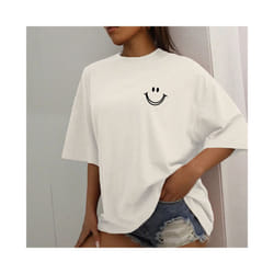 Happy Expression Printed Womens Cotton Short Sleeve Street Hip Hop Tee Clothing All-math Breathable Tops Crewneck Woman T-Shirts - White, L