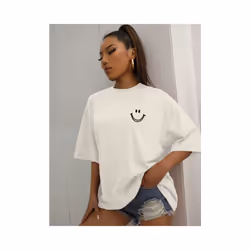 Happy Expression Printed Womens Cotton Short Sleeve Street Hip Hop Tee Clothing All-math Breathable Tops Crewneck Woman T-Shirts - Yellow, L