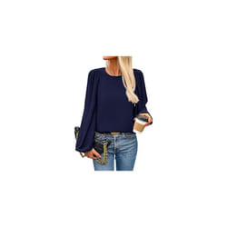 New Women's Round Neck Lantern Long Sleeved Chiffon Casual Work Shirt - XXL, Navy blue