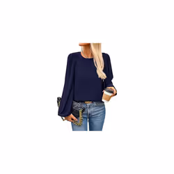 New Women's Round Neck Lantern Long Sleeved Chiffon Casual Work Shirt - L, Navy blue