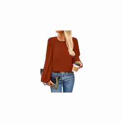 New Women's Round Neck Lantern Long Sleeved Chiffon Casual Work Shirt - L, Brick red