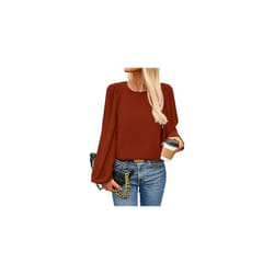 New Women's Round Neck Lantern Long Sleeved Chiffon Casual Work Shirt - XL, Brick red